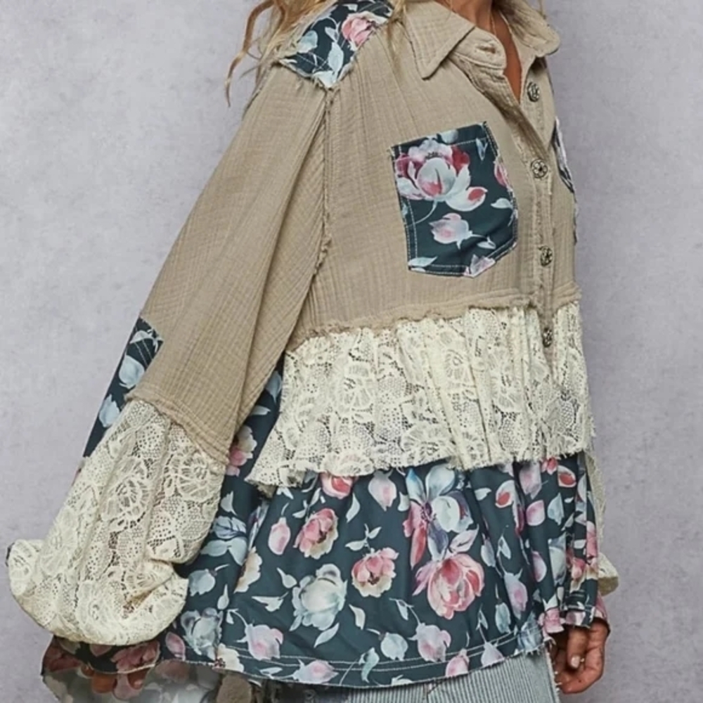 POL Beige Floral Patchwork Button Down Shirt - image 2